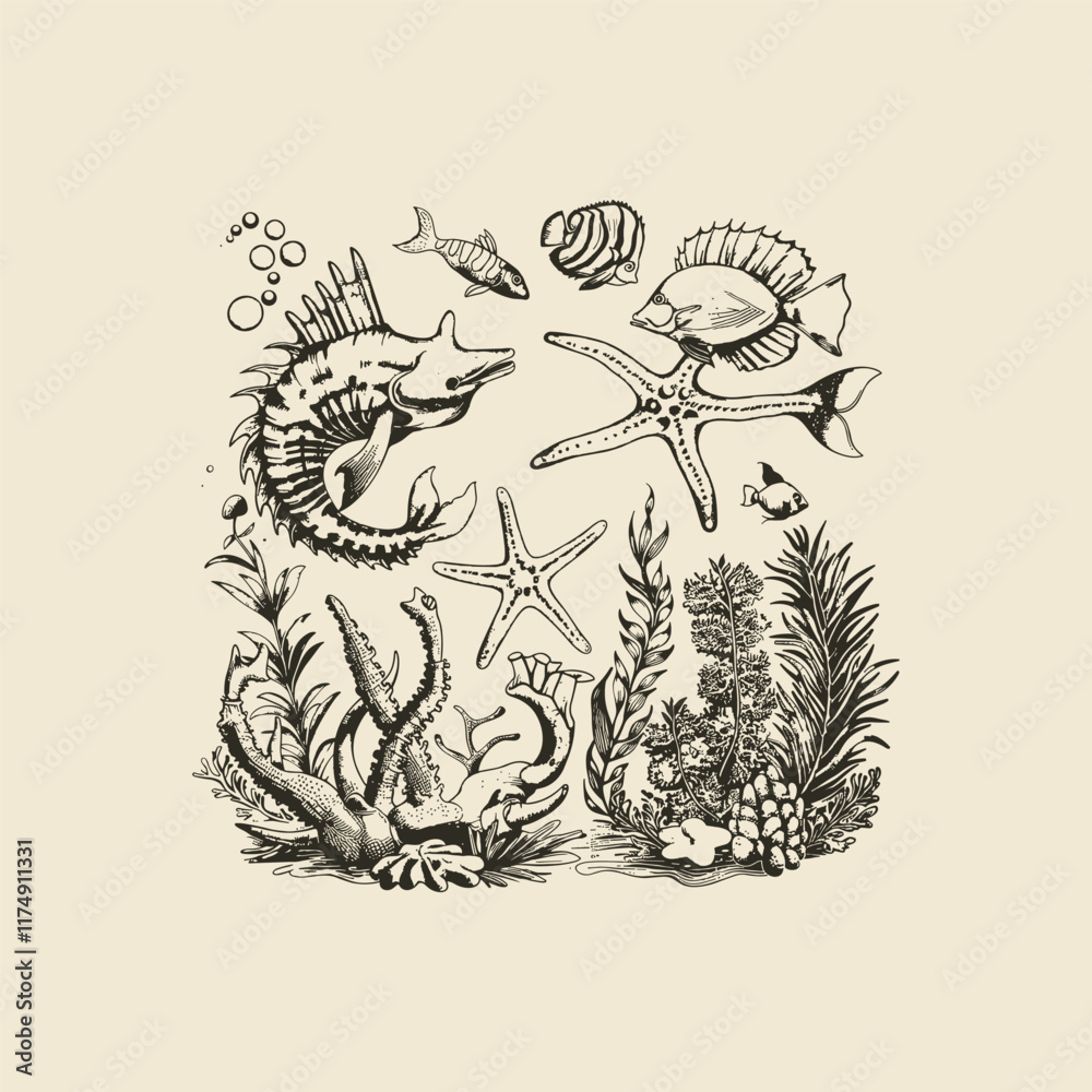 Naklejka premium Sea life drawing vector design template