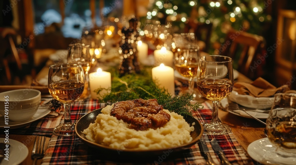 Traditional Scottish Burns Night dinner with haggis, mashed potatoes, whiskey, on tartan tablecloth Traditional Scottish Burns Night dinner with haggis, mashed potatoes, whiskey, on tartan tablecloth