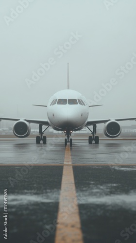 A cinematic view of an airplane approaching a runway at Dallas Fort Worth Airport under a foggy, overcast sky. The scene has a mysterious, dramatic mood. photo