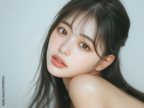 美肌の若くて可愛いアジア女性モデルの美容ポートレート。流行りのメイクをしている。