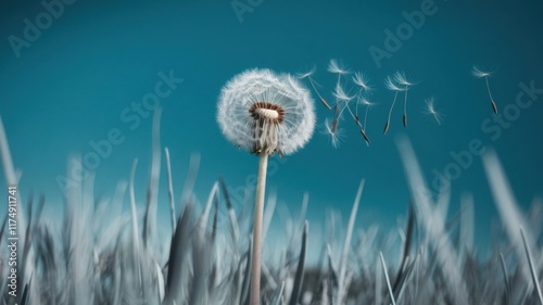 Delicate dandelion with seeds blowing in the wind against a turquoise background in a bright meadow