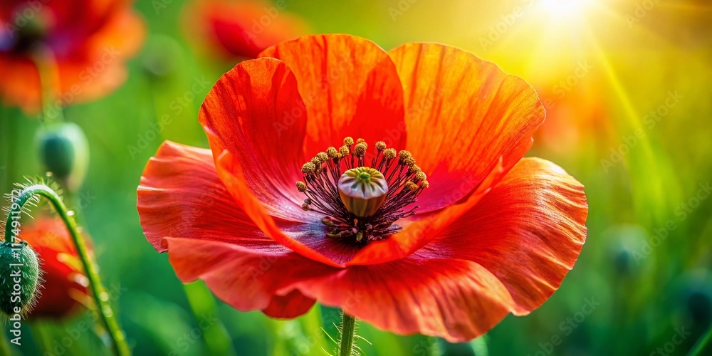 Obraz premium Macro Springtime Poppies: Vibrant Red Flowers in Field Close-Up