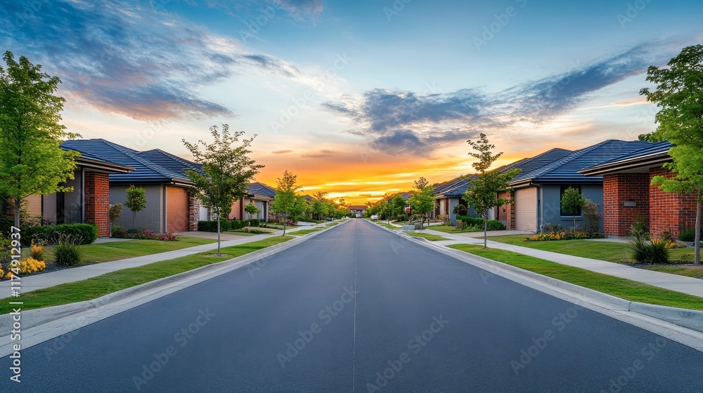 A modern suburban road with houses built in symmetry, vibrant greenery, and a cheerful sky overhead. A modern suburban road with houses built in symmetry, vibrant greenery, and a cheerful sky overhead.