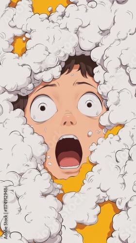 Pop art style depicts a terrified man with wide eyes and an open mouth surrounded by puffs of white smoke against a bright orange background.
