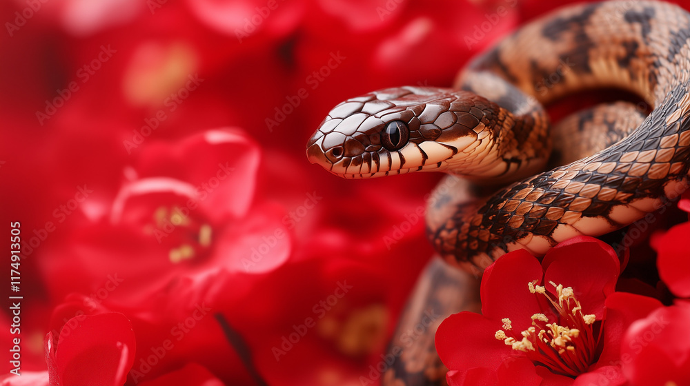 Obraz premium Snake on red flower background symbolizes Chinese new year, year of wooden snake.