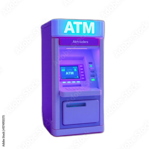 Neon-lit ATM machine at night, financial transaction, city background, website illustration.