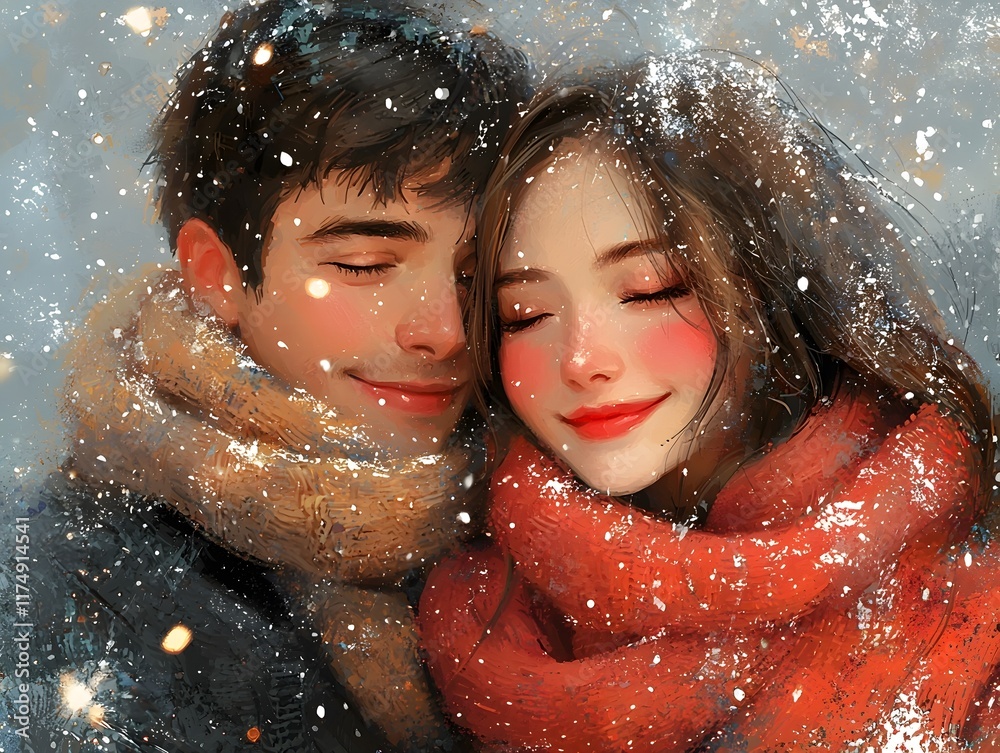 Obraz premium Cozy Winter Couple Portrait with Rosy Cheeks and Falling Snow Magical Intimate Embrace