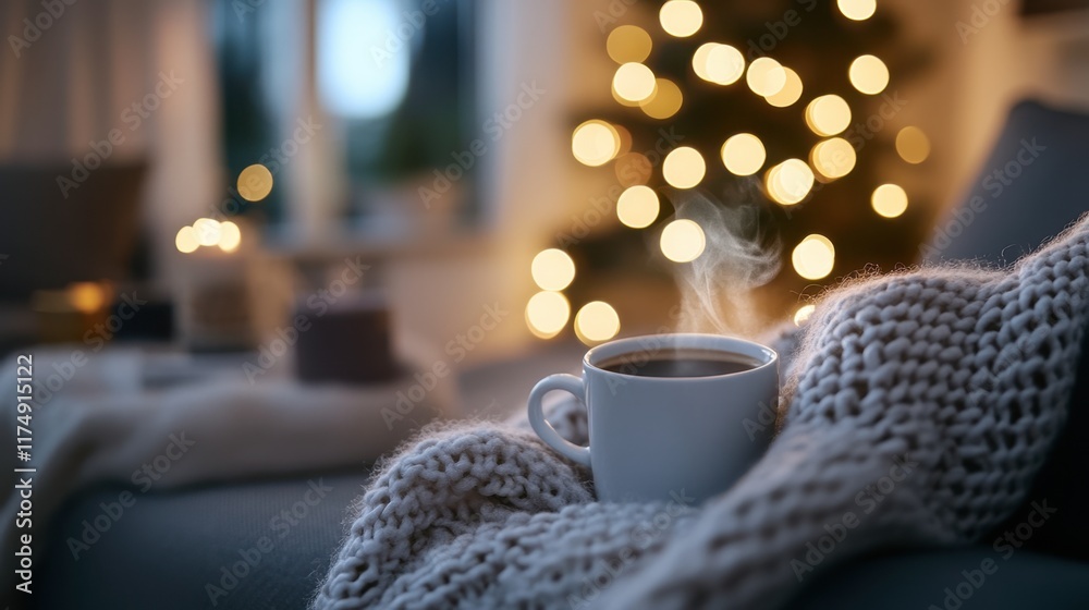 A peaceful Christmas morning with a steaming cup of coffee, a cozy blanket, and a beautifully lit tree in the background. A peaceful Christmas morning with a steaming cup of coffee, a cozy blanket, and a beautifully lit tree in the background.