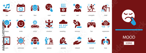 Mood  icon set. with  tired, happy, pensive, relaxed, love, sad, emotion and more solid icons