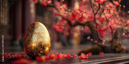 photo golden egg with a minimalist red ornamental chinese photo