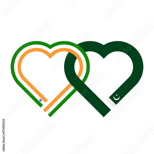 heart shaped ribbon of india and pakistan flags intertwined. vector illustration isolated on white background