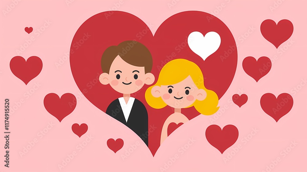 A Valentine's Day-themed wallpaper illustration of a couple with red hearts around them. The man has brown hair and wears a suit, while the woman has blonde hair and wears a dress A Valentine's Day-themed wallpaper illustration of a couple with red hearts around them. The man has brown hair and wears a suit, while the woman has blonde hair and wears a dress
