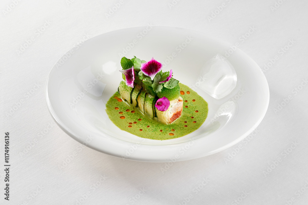 A gourmet dish featuring a delicate piece of fish, surrounded by a vibrant arrangement of fresh vegetables and edible flowers. A gourmet dish featuring a delicate piece of fish, surrounded by a vibrant arrangement of fresh vegetables and edible flowers.
