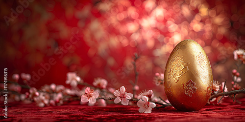 photo golden egg with a minimalist red ornamental chinese photo