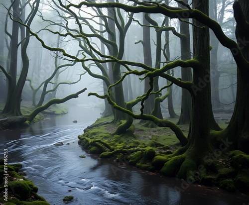 trees with moss growing on them in a forest with a stream. photo