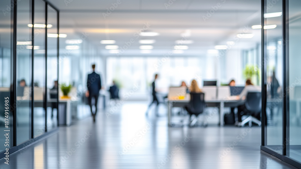 Fototapeta premium Blurred people working in a clear modern office open space, workplace teamwork