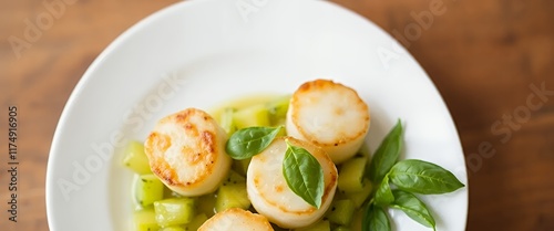 there is a white plate with scallops and green beans on it. photo