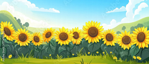 Sunflowers sway gently in a vibrant field under a clear blue sky