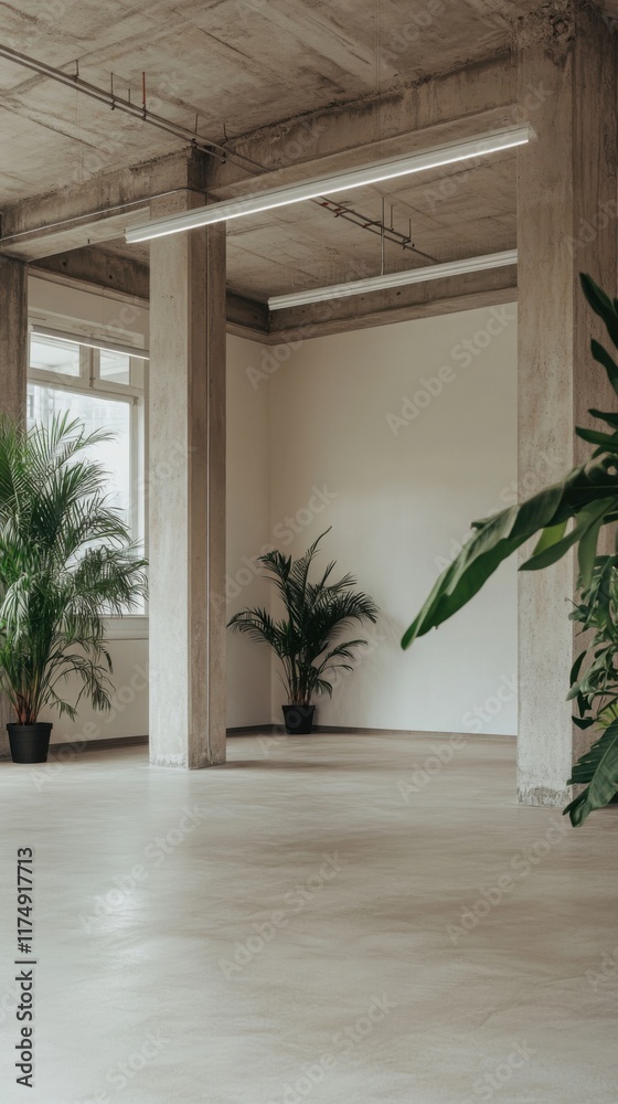 A spacious, minimalist office interior with large windows, concrete ceiling, and potted plants, creating an open and airy atmosphere. A spacious, minimalist office interior with large windows, concrete ceiling, and potted plants, creating an open and airy atmosphere.