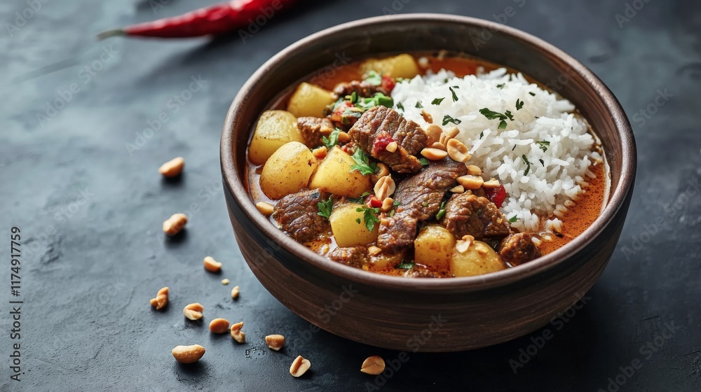 Fototapeta premium A beautiful bowl of Thai Massaman curry with tender beef, potatoes, and peanuts, served with rice, capturing the rich, fragrant, and hearty nature of the dish