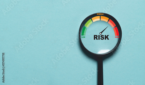 Risk level indicator rating since low to high inside of magnifier glass for Risk management and assessment con