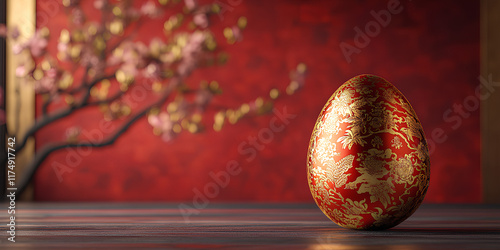 photo golden egg with a minimalist red ornamental chinese photo