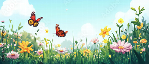 Peaceful meadow filled with wildflowers and butterflies under a clear blue sky