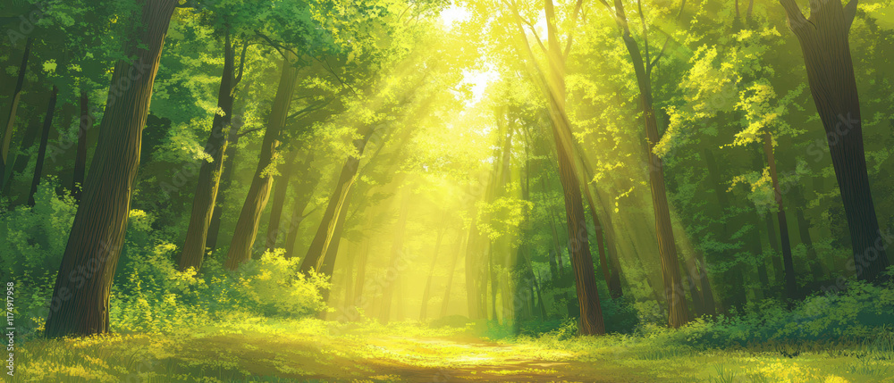 Obraz premium Sunlight filters through trees in a tranquil forest clearing during midday