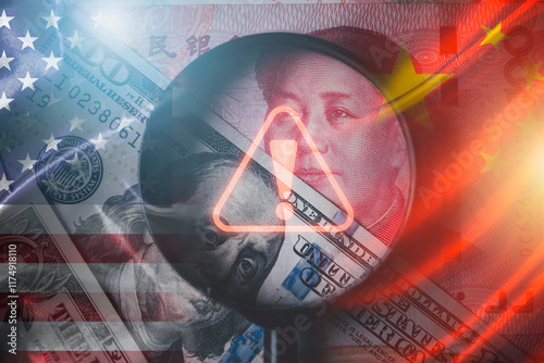 Exclamation caution sign inside magnifier glass with USA and China flag .It is warning symbol of economic tariffs trade war and tax barrier between United States of America and China. photo