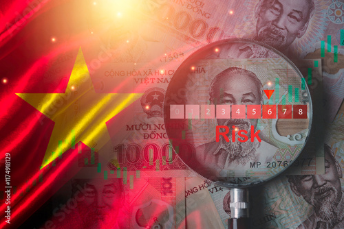 Double exposure among of Dong banknotes with risk rating and Vietnam flag for Vietnam country is new born economy and high business development growth from many investment concept. photo