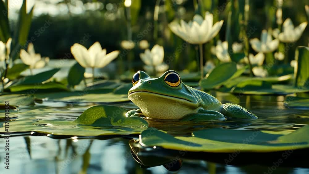 Frog resting on lily pad in a serene pond surrounded by blooming water lilies under soft sunlight Frog resting on lily pad in a serene pond surrounded by blooming water lilies under soft sunlight