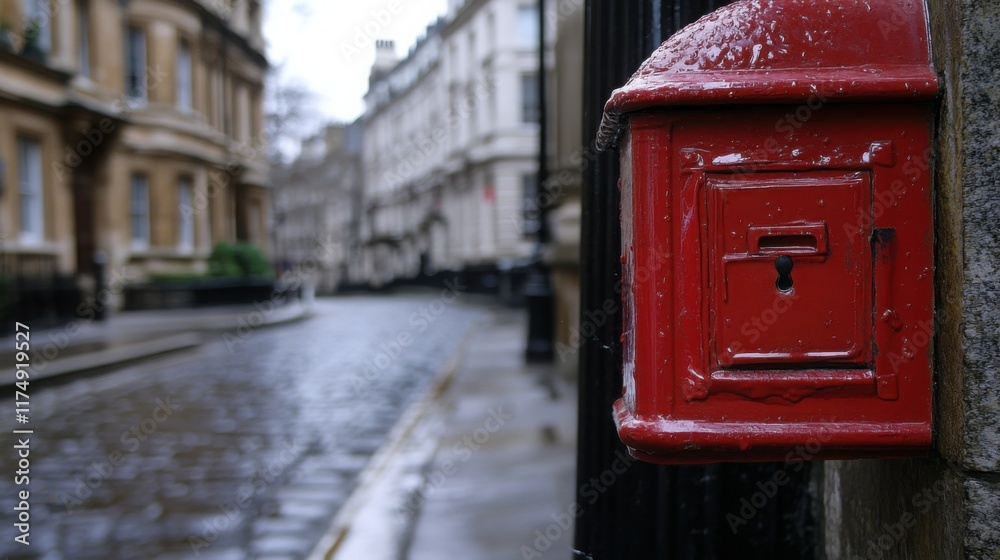 Historic red mailbox stands prominently on a British street, symbolizing timeless communication and cultural heritage. Historic red mailbox stands prominently on a British street, symbolizing timeless communication and cultural heritage.