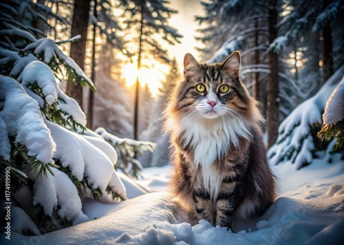 Majestic Norwegian Forest Cat in Snowy Forest - Aerial View