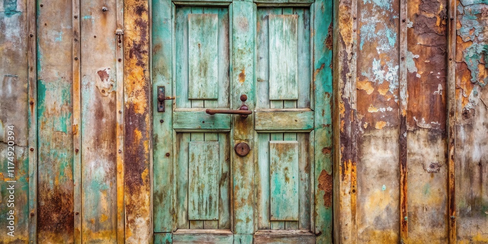 A weathered teal wooden door, set within a decaying rusty metal frame, shows the passage of time and the beauty of age A weathered teal wooden door, set within a decaying rusty metal frame, shows the passage of time and the beauty of age