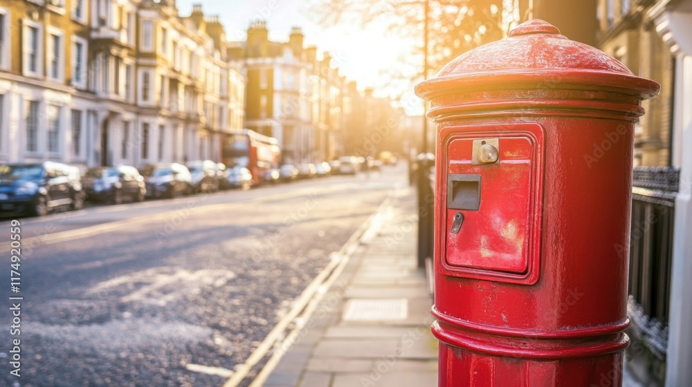 Historic red mailbox stands prominently on a British street, symbolizing timeless communication and cultural heritage. Historic red mailbox stands prominently on a British street, symbolizing timeless communication and cultural heritage.