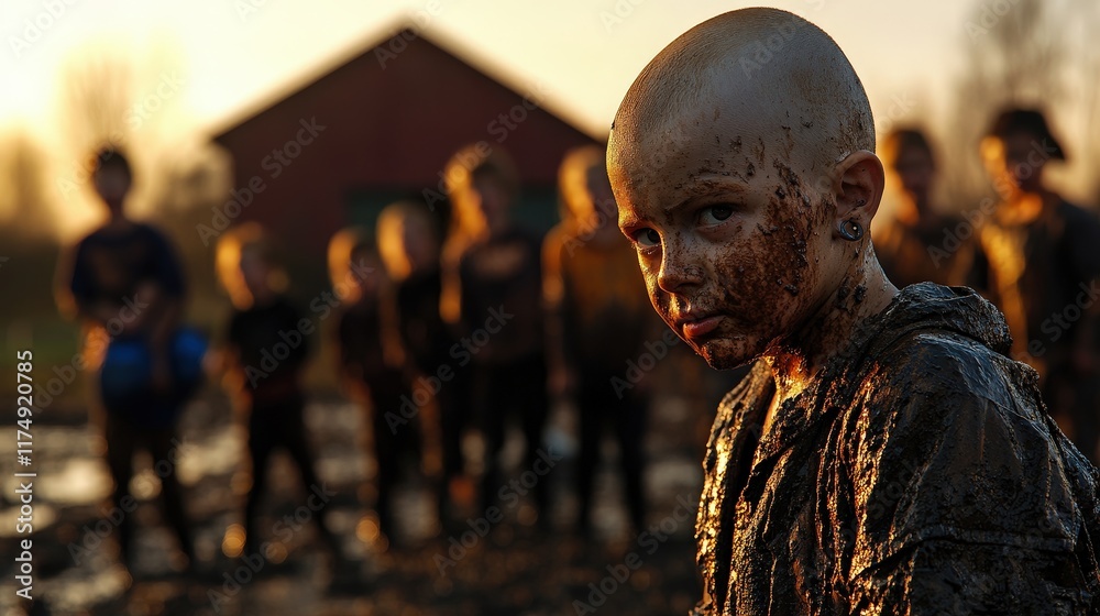 A group of children joyfully playing in muddy surroundings as the sun sets behind them, capturing a moment of pure childhood adventure and connection with nature. A group of children joyfully playing in muddy surroundings as the sun sets behind them, capturing a moment of pure childhood adventure and connection with nature.