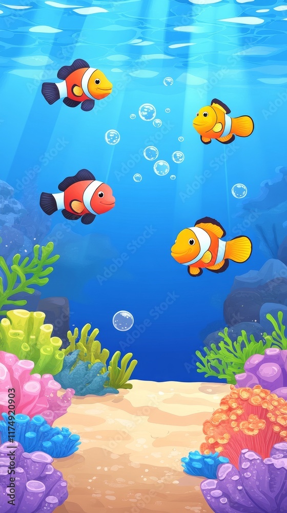 Fototapeta premium Four clownfish swimming amidst vibrant coral reef in ocean