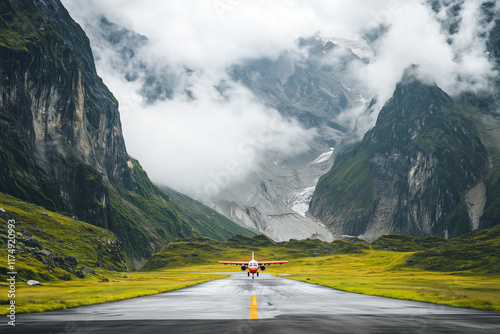 A plane landing on a narrow runway surrounded by towering mountains, with dramatic winds and swirling mist, with copy space.  photo