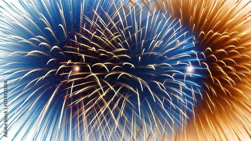 Fireworks Symphony: A vibrant display of blue and gold fireworks explodes against the night sky, capturing the dazzling beauty and fleeting magic of this festive celebration. 