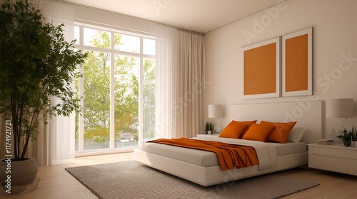 elegant bedroom with bold orange accents and white walls