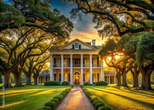 Majestic Southern Plantation House, Lush Gardens, Oak Trees, Historic Architecture, Scenic Landscape