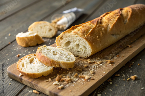 A baguette loaf with crumbs scattered around