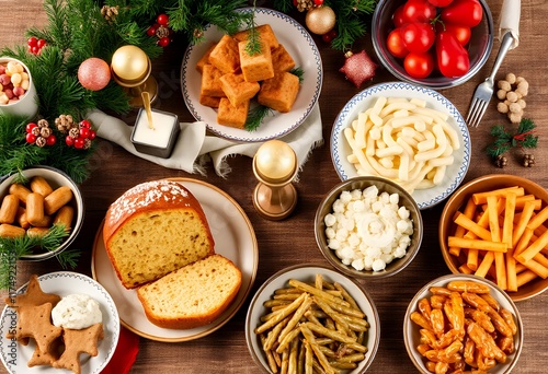 a close up of a table with a variety of food on it. photo