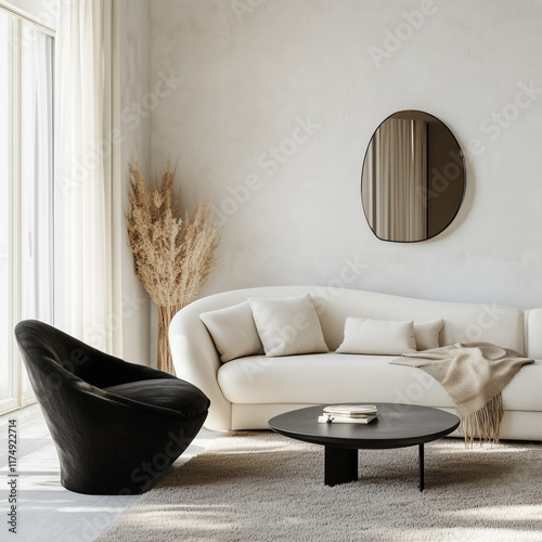 a picture of a bright and cozy modern luxurious livingroom with white walls. a cream modern curved sofa with a throw stands against the wall, and also a black Curved Swivel Accent Chair next to