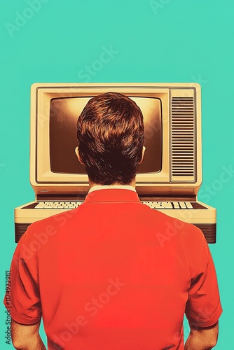 A person in a red shirt sits in front of a vintage computer, highlighting a retro tech aesthetic against a bright teal background.