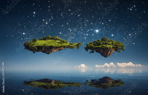 dreams portrayed as floating islands in a sky filled with stars