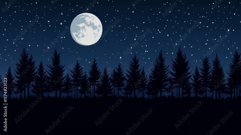 Naklejka premium Full Moon Illuminating a Silhouetted Pine Forest Under a Starry Night Sky
