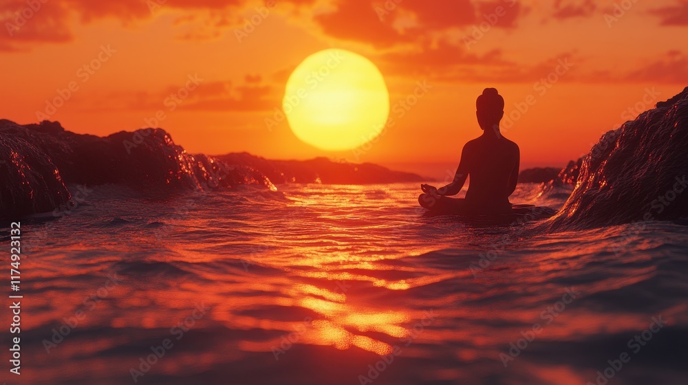 Silhouette of a person meditating in the ocean at sunset. Ideal for meditation, yoga, and mindfulness apps or websites. Silhouette of a person meditating in the ocean at sunset. Ideal for meditation, yoga, and mindfulness apps or websites.