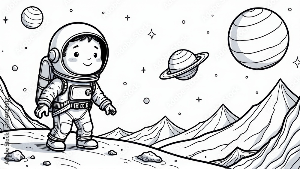 Fototapeta premium Cute Astronaut Exploring a New Planet, Coloring Page, Line Art Illustration, isolated white background, Coloring Page, Line Art Illustration, isolated white background