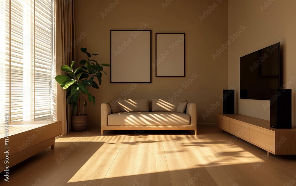 Fototapeta premium Modern Living Room with Beige Sofa and Wooden Furniture in Natural Light